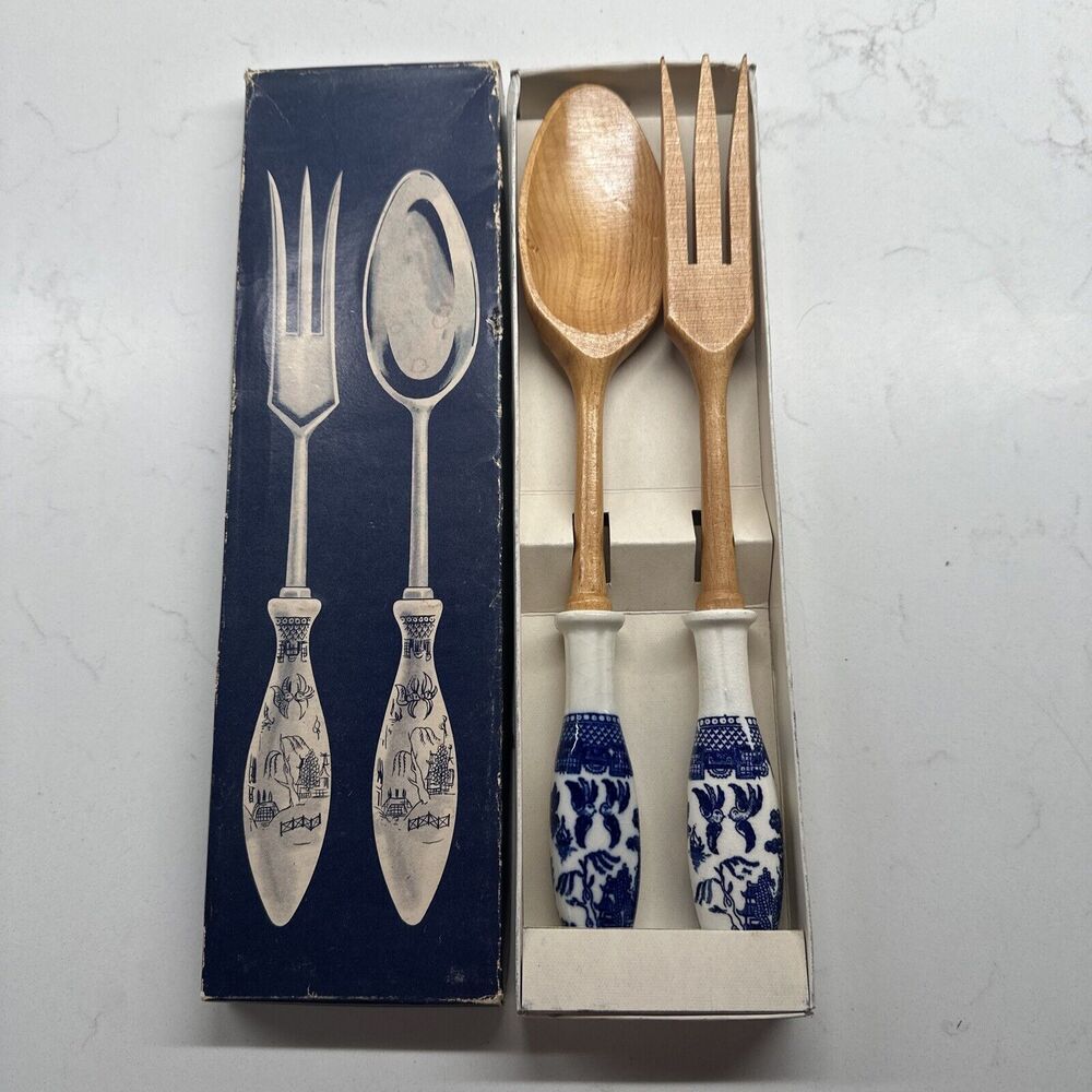 Vintage  Serving Fork/Spoon DELFT STYLE ceramic Blue White Party Host Gift